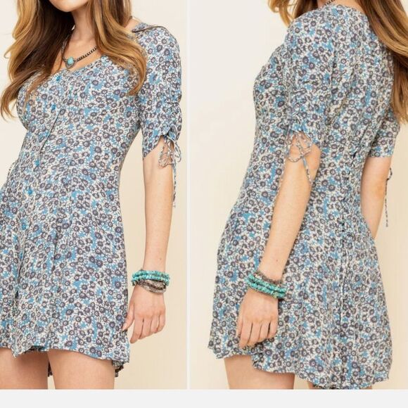 Free People Laced Up Blue Floral A line Button Front Flirty Mini Dress - Picture 5 of 16